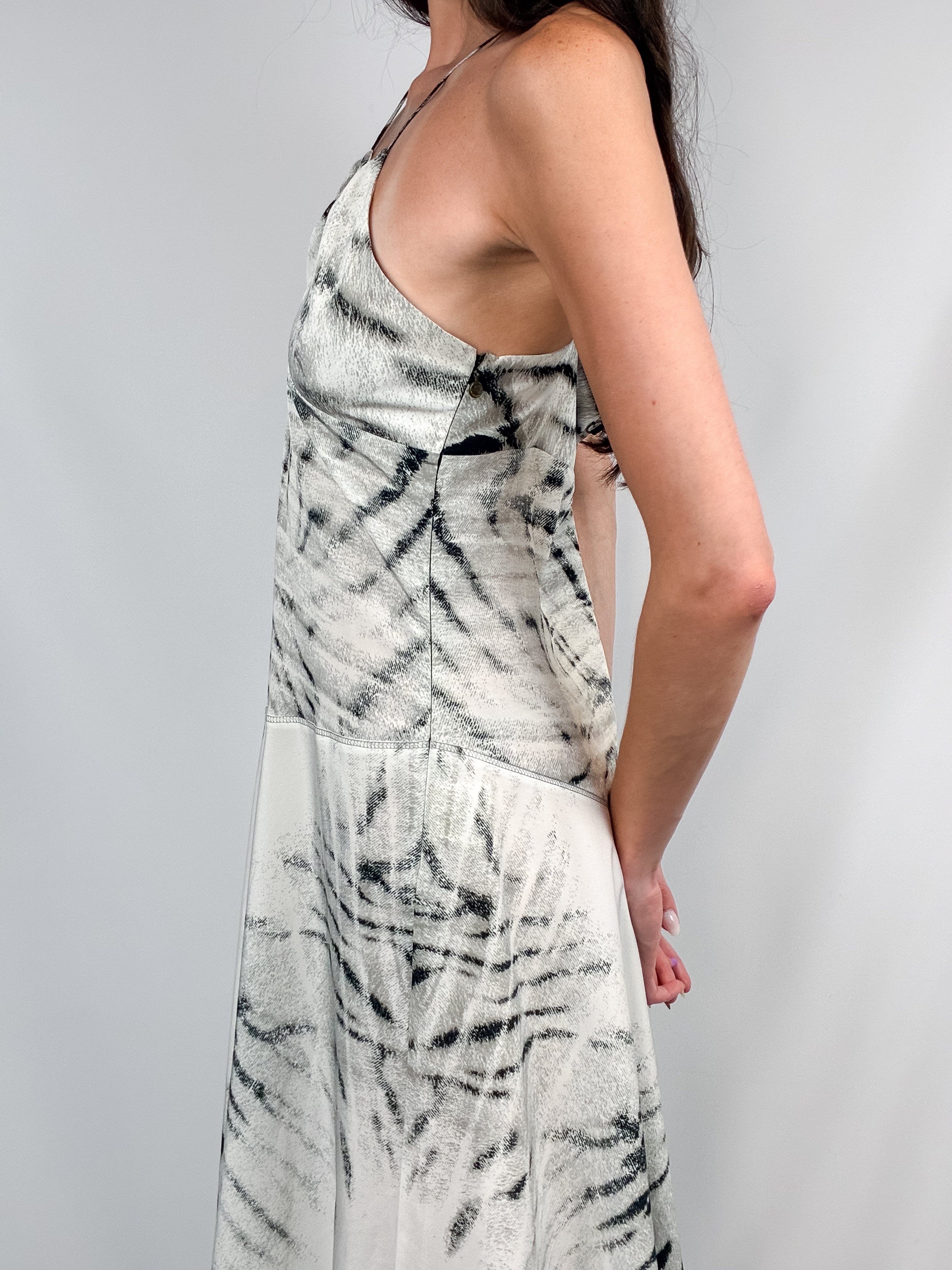 Just Cavalli 2000s White Tiger Print Asymmetric Halter Midi Dress - M/L