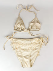 Moschino Mare 1990s Cream Satin Tiered Fringe Bikini Set - S/M