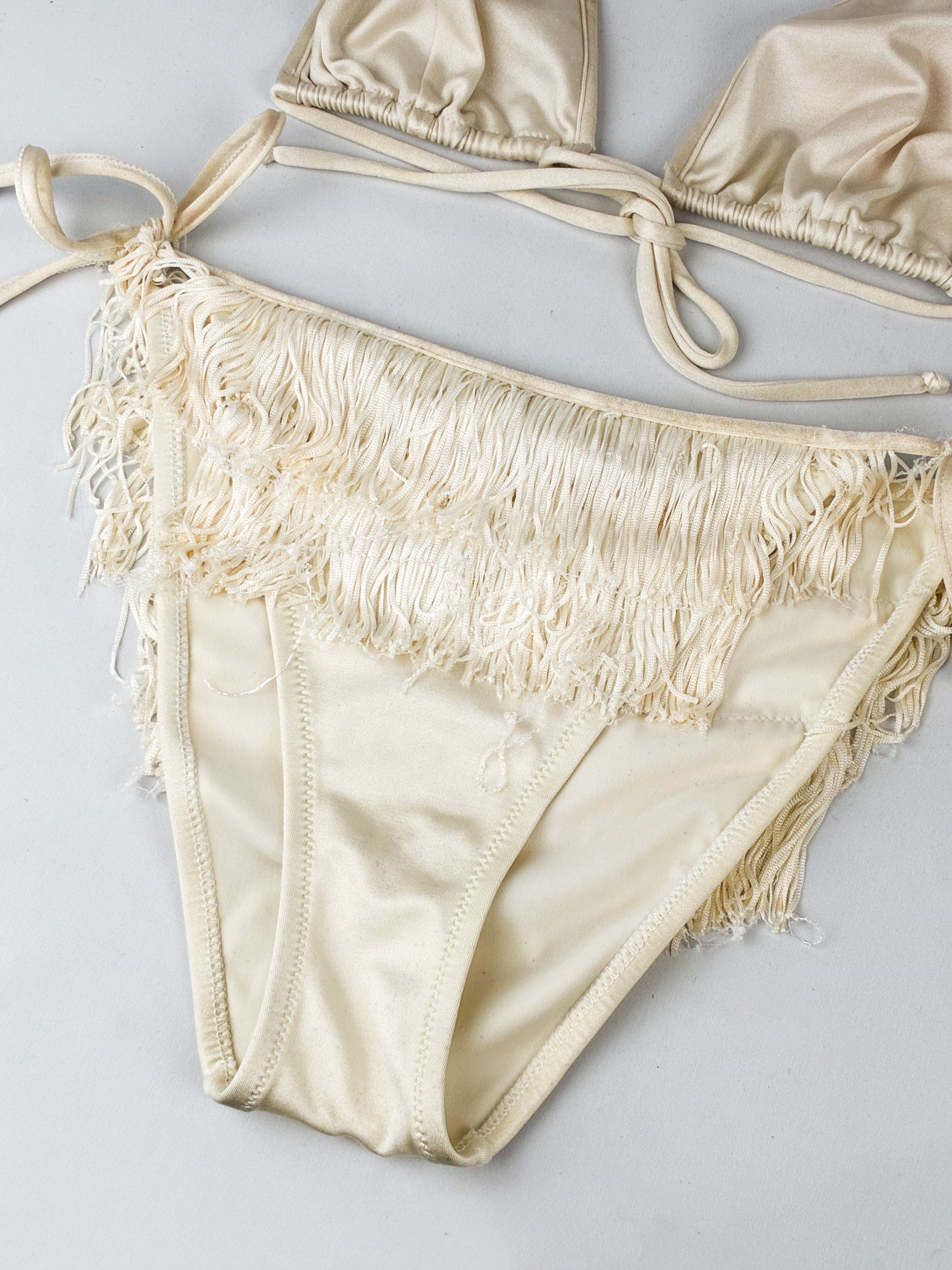 Moschino Mare 1990s Cream Satin Tiered Fringe Bikini Set - S/M