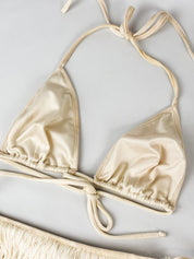Moschino Mare 1990s Cream Satin Tiered Fringe Bikini Set - S/M