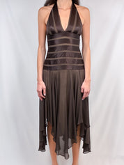 BCBG Max Azria 2000s Brown Satin Stripe Halter Midi Dress - XS/S