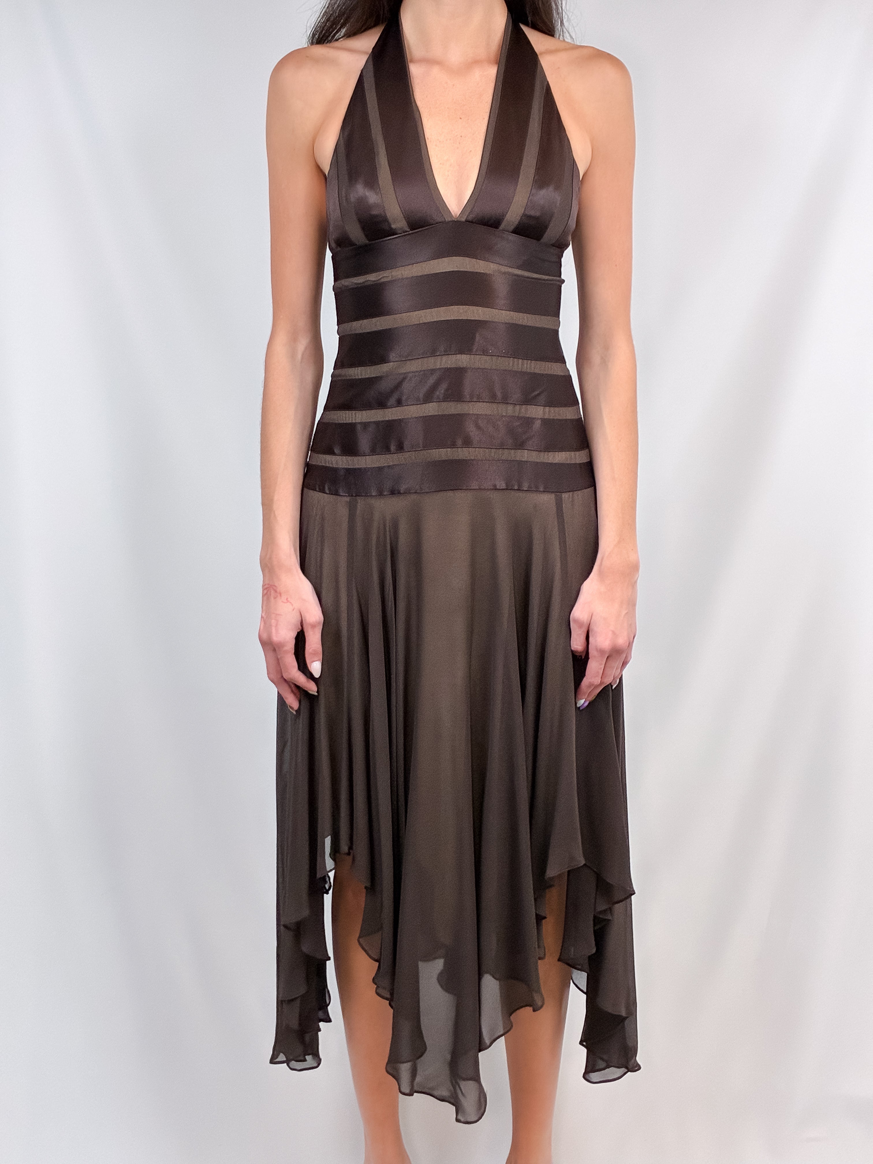 BCBG Max Azria 2000s Brown Satin Stripe Halter Midi Dress
