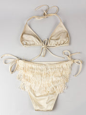 Moschino Mare 1990s Cream Satin Tiered Fringe Bikini Set - S/M