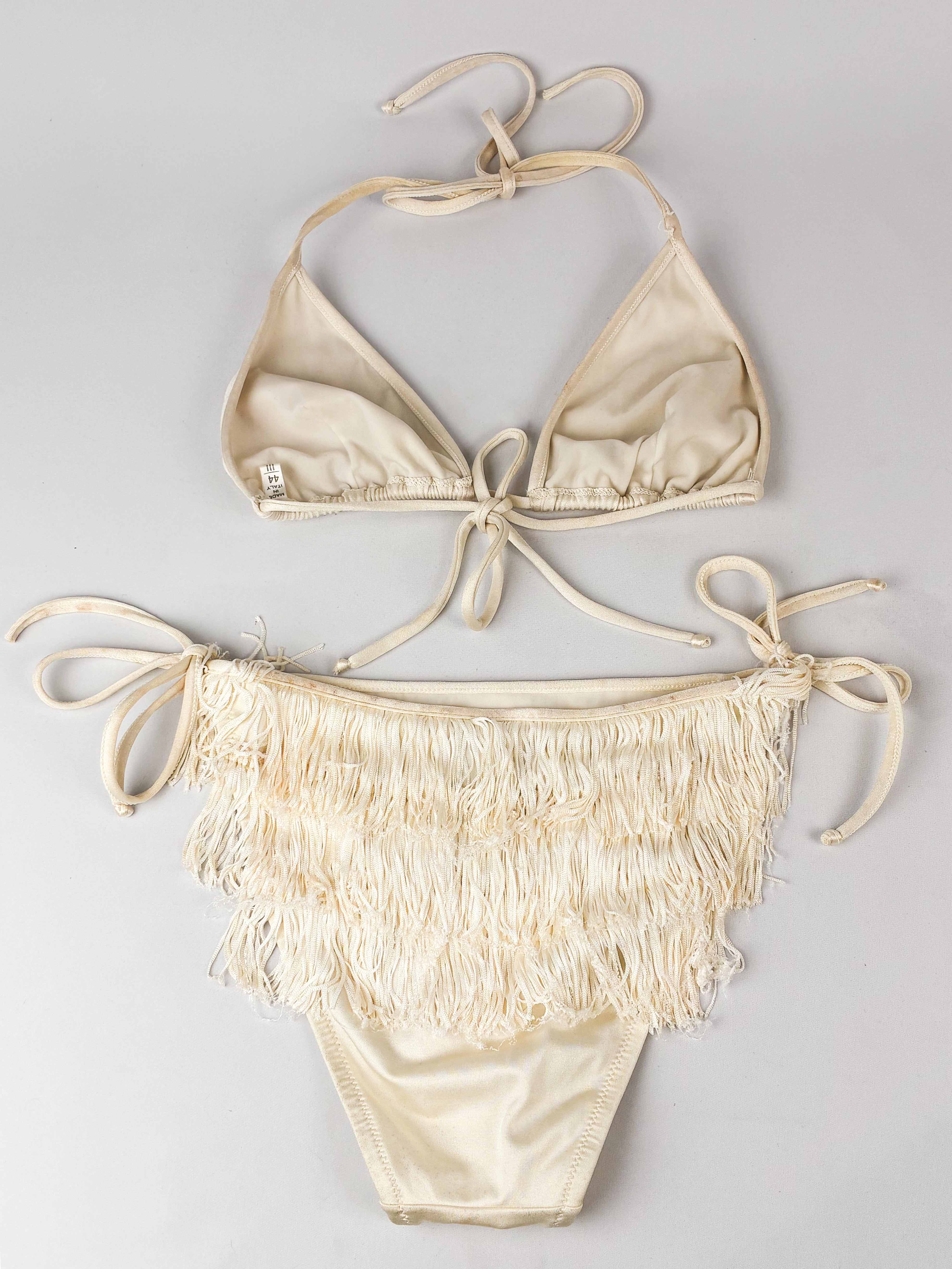Moschino Mare 1990s Cream Satin Tiered Fringe Bikini Set - S/M