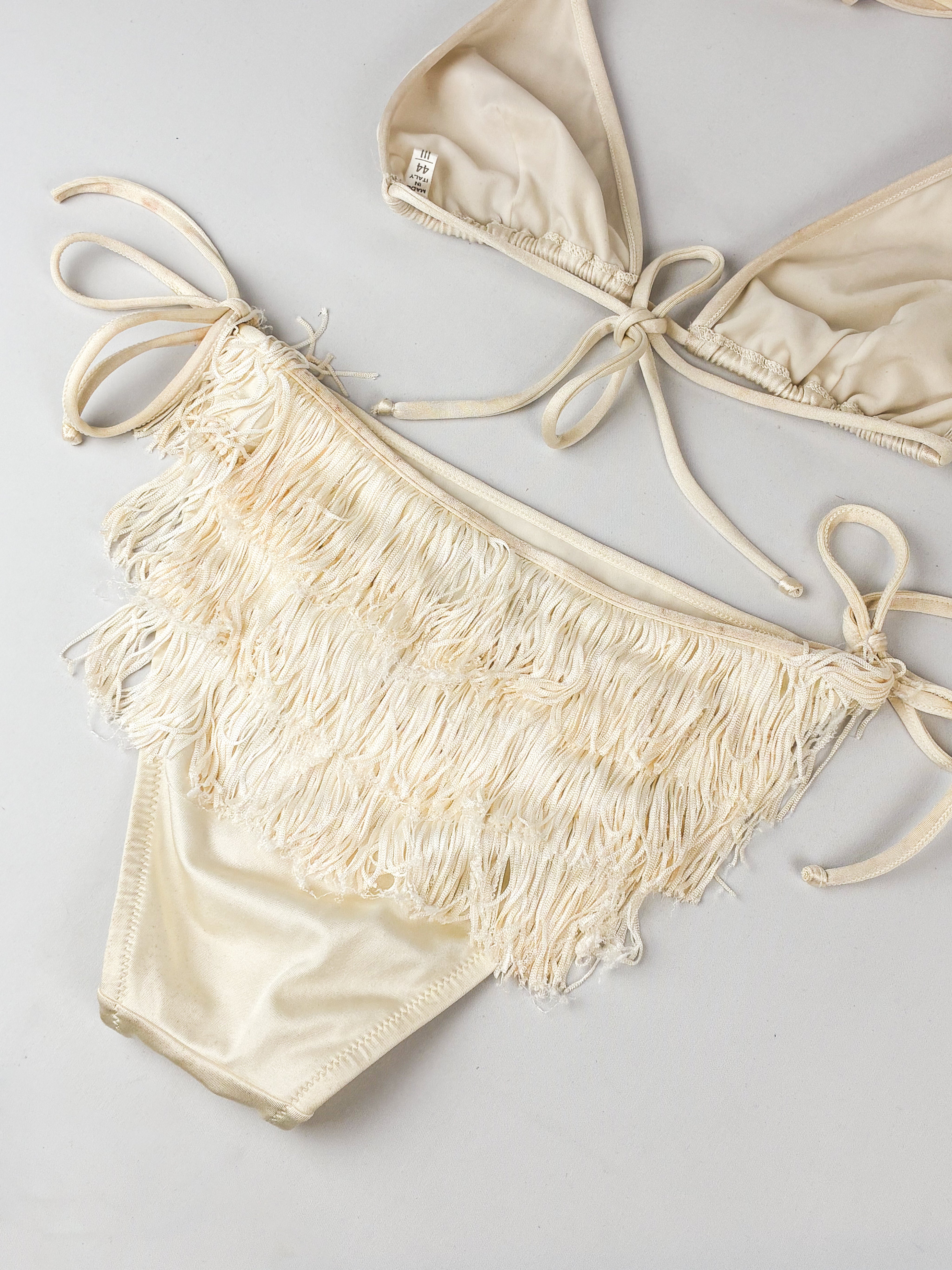 Moschino Mare 1990s Cream Satin Tiered Fringe Bikini Set - S/M
