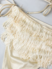 Moschino Mare 1990s Cream Satin Tiered Fringe Bikini Set - S/M