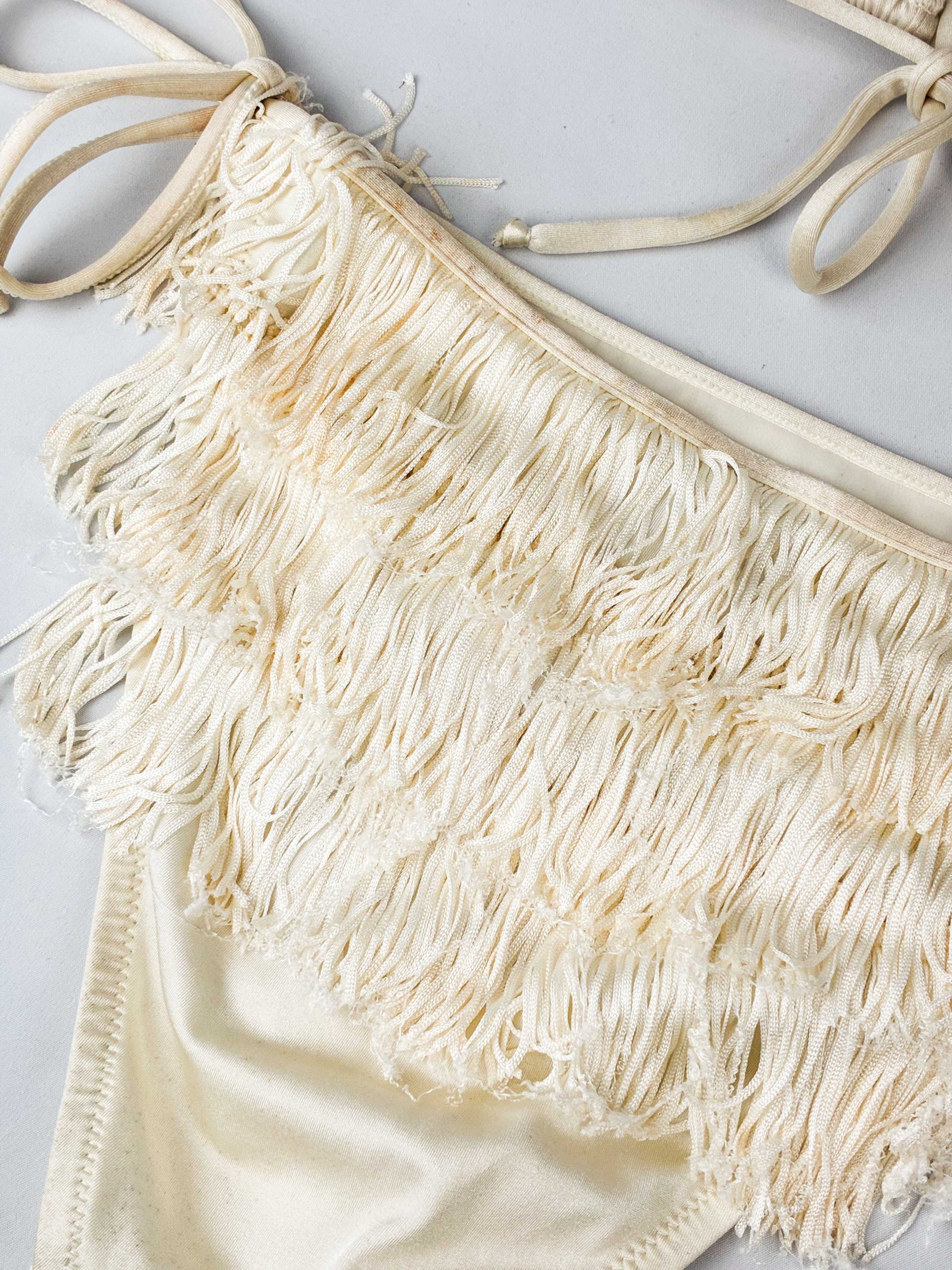 Moschino Mare 1990s Cream Satin Tiered Fringe Bikini Set - S/M