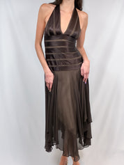 BCBG Max Azria 2000s Brown Satin Stripe Halter Midi Dress - XS/S