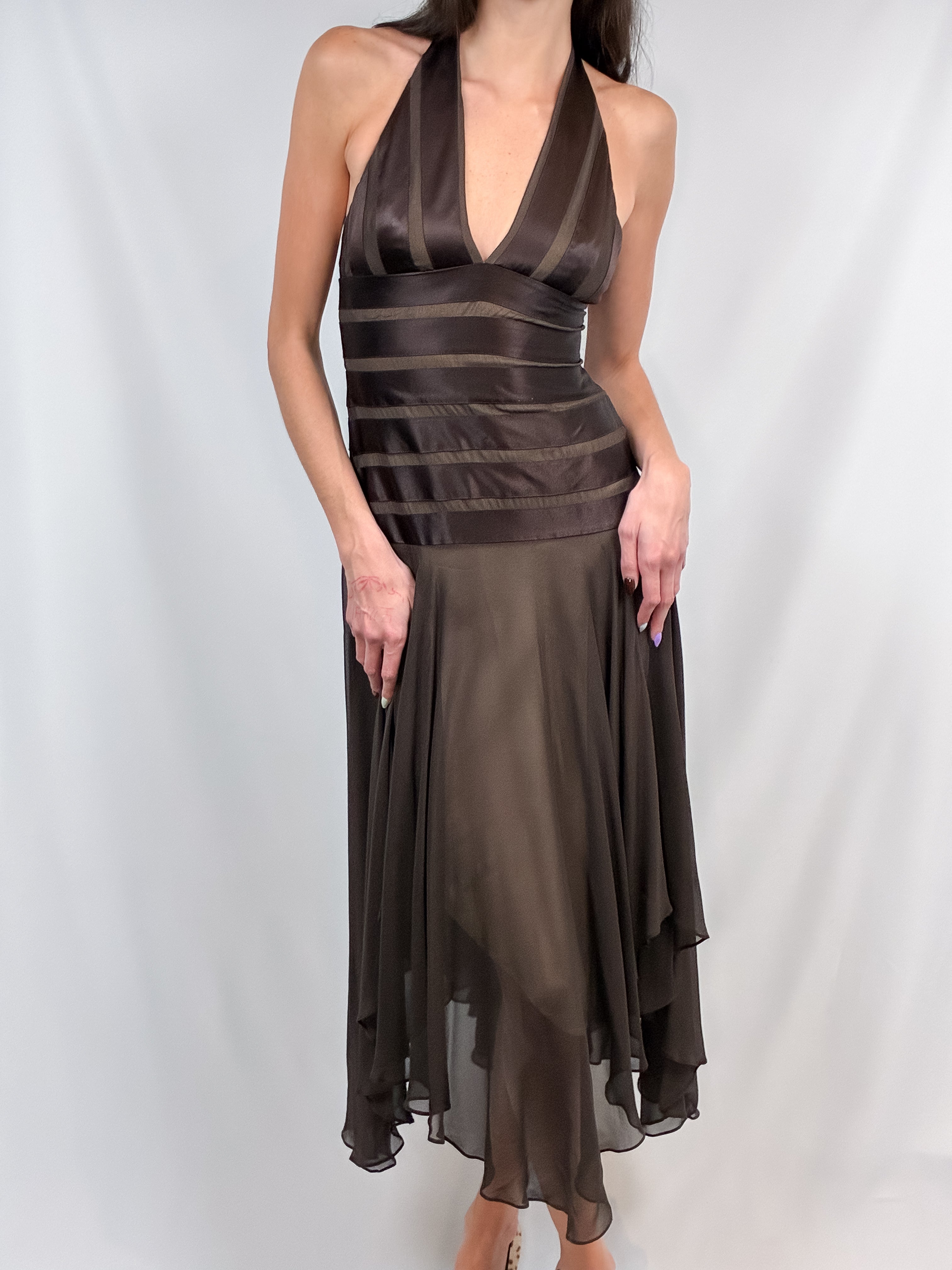 BCBG Max Azria 2000s Brown Satin Stripe Halter Midi Dress - XS/S