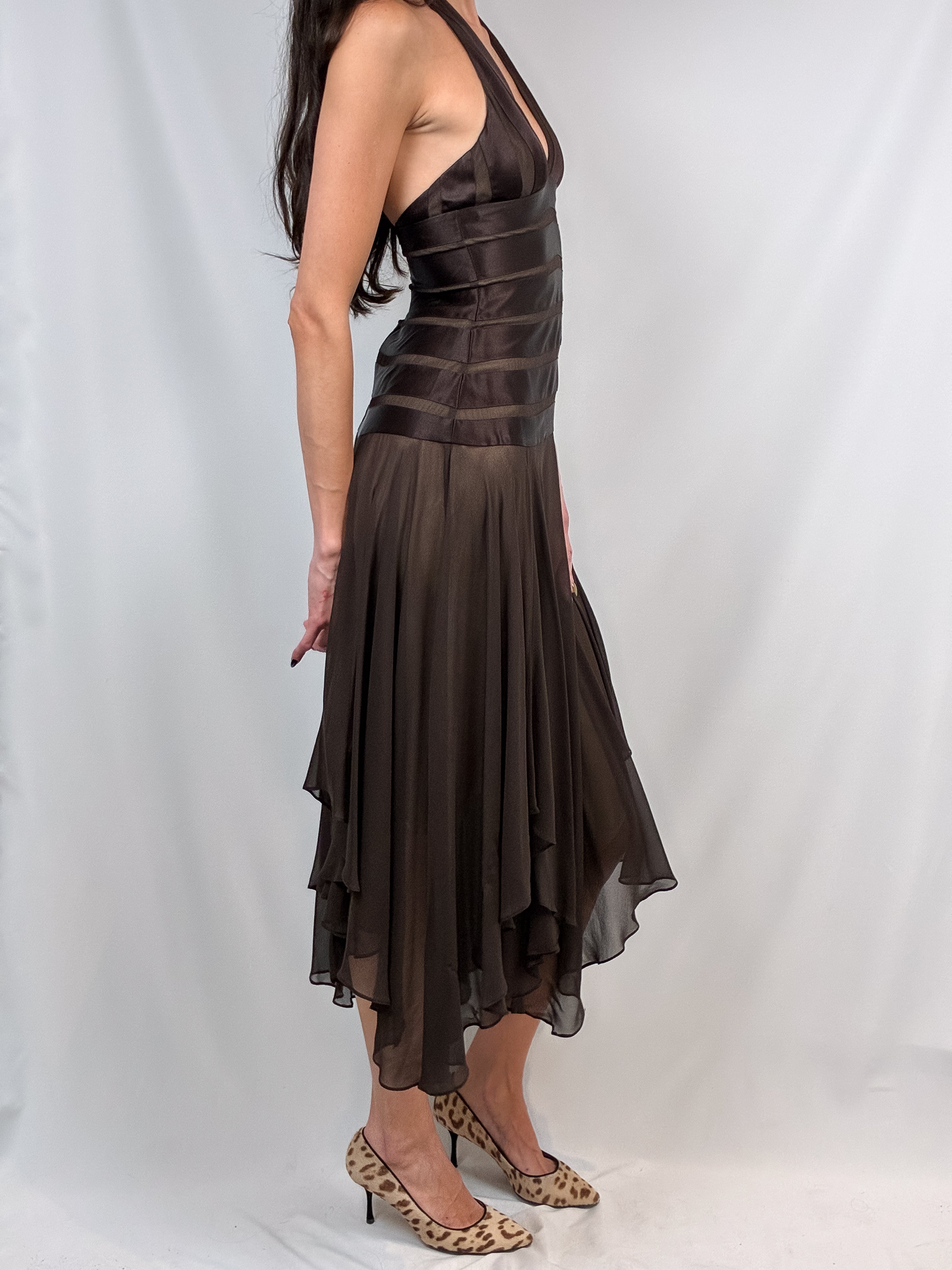 BCBG Max Azria 2000s Brown Satin Stripe Halter Midi Dress