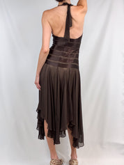 BCBG Max Azria 2000s Brown Satin Stripe Halter Midi Dress - XS/S