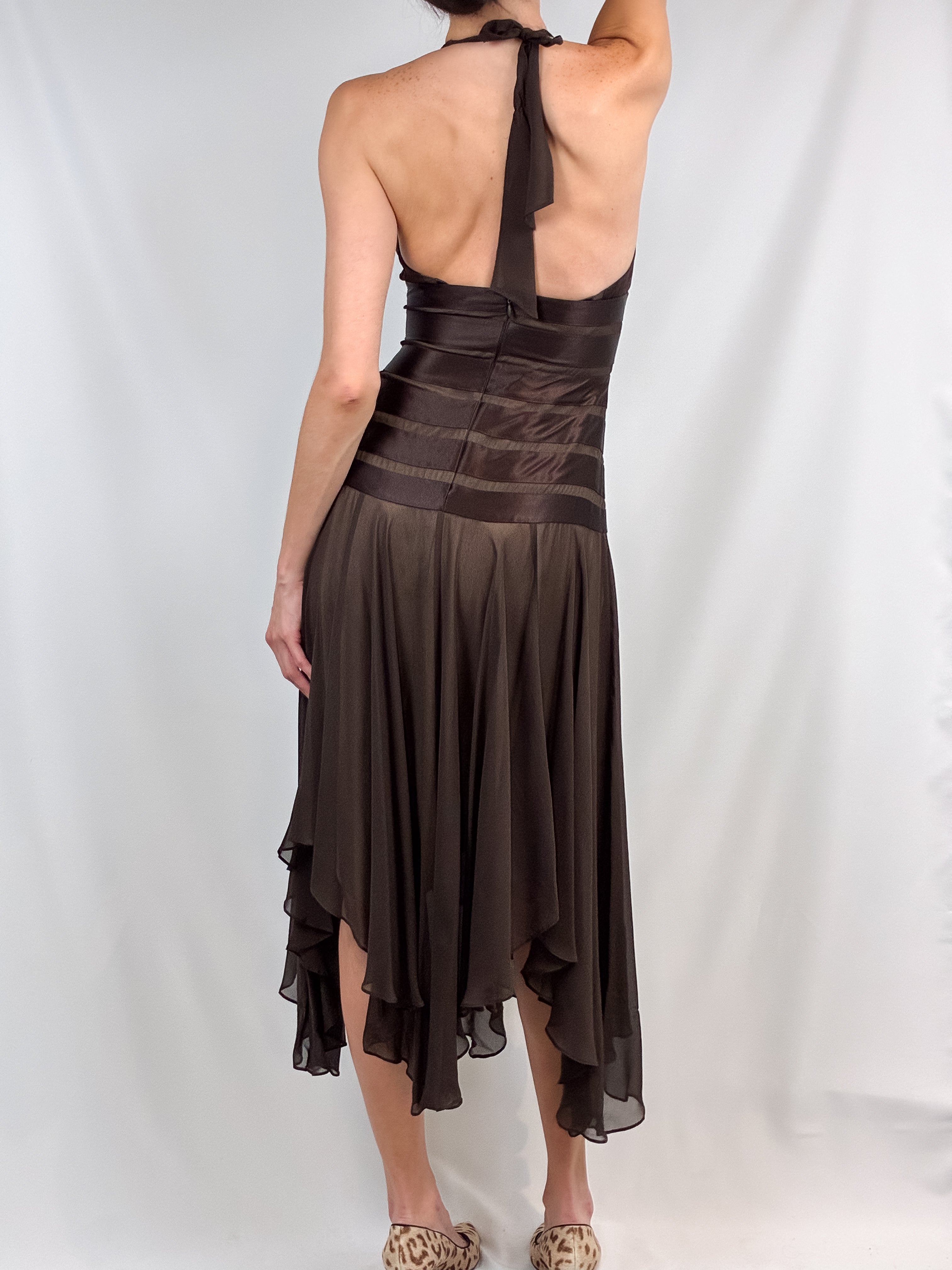 BCBG Max Azria 2000s Brown Satin Stripe Halter Midi Dress
