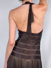 BCBG Max Azria 2000s Brown Satin Stripe Halter Midi Dress - XS/S