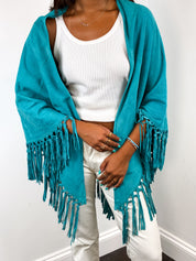 Teal Suede Fringe Shawl from Iris Apfel Estate – One Size