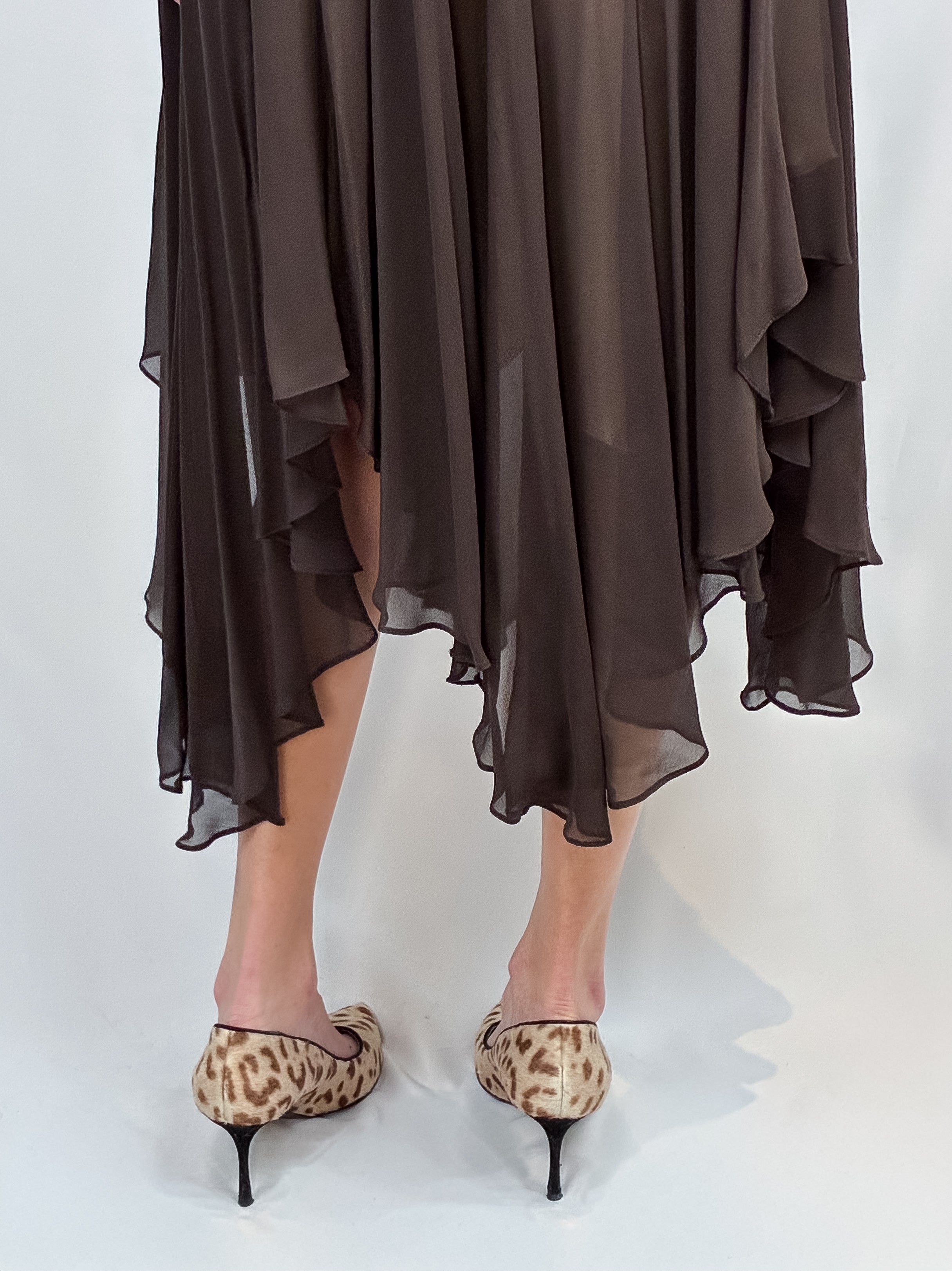 BCBG Max Azria 2000s Brown Satin Stripe Halter Midi Dress - XS/S