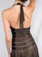 BCBG Max Azria 2000s Brown Satin Stripe Halter Midi Dress - XS/S