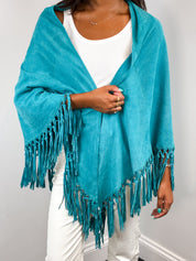 Teal Suede Fringe Shawl from Iris Apfel Estate – One Size