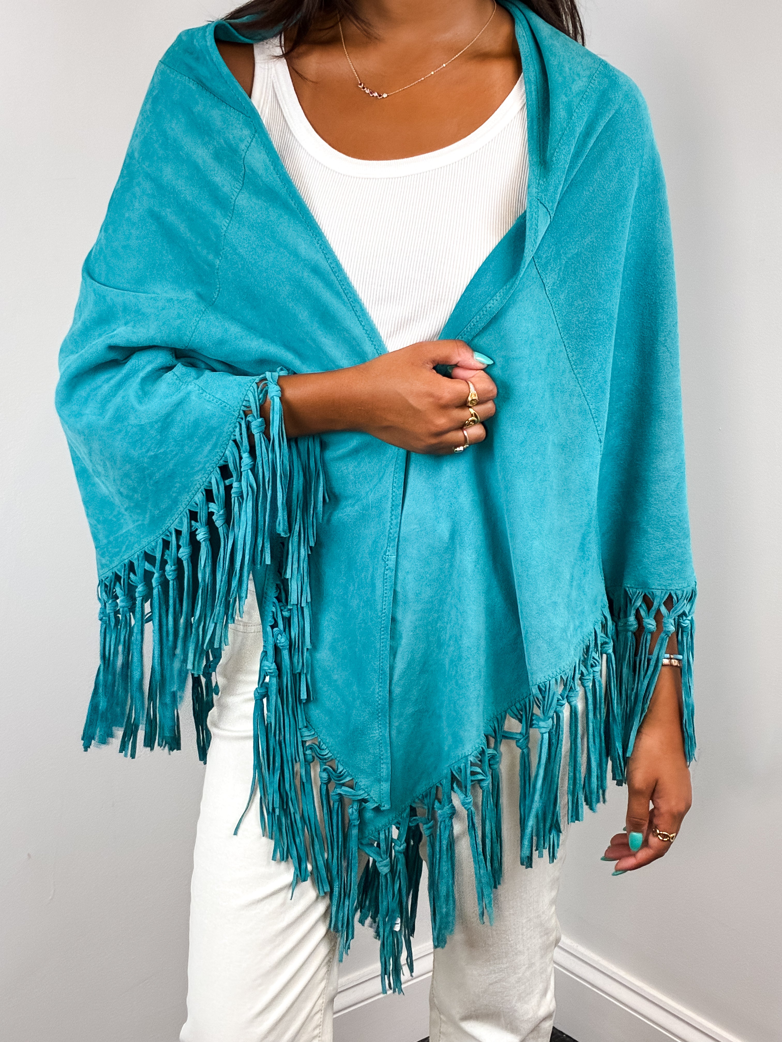 Teal Suede Fringe Shawl from Iris Apfel Estate – One Size