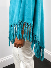 Teal Suede Fringe Shawl from Iris Apfel Estate – One Size