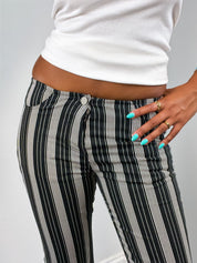 2000s Black and Cream Striped Low-Rise Flare Pants - W25