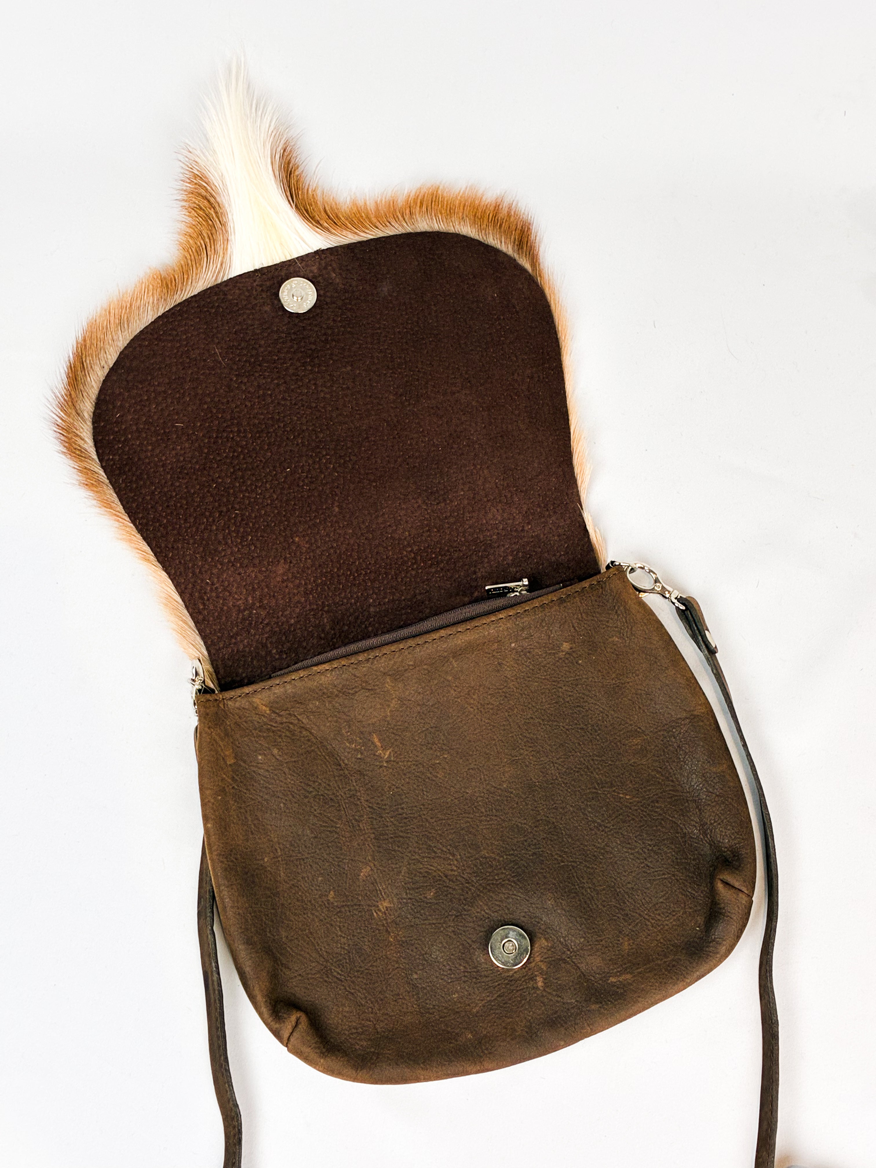 Rarity Handbags 2000s Springbok Hide and Brown Leather Crossbody Bag