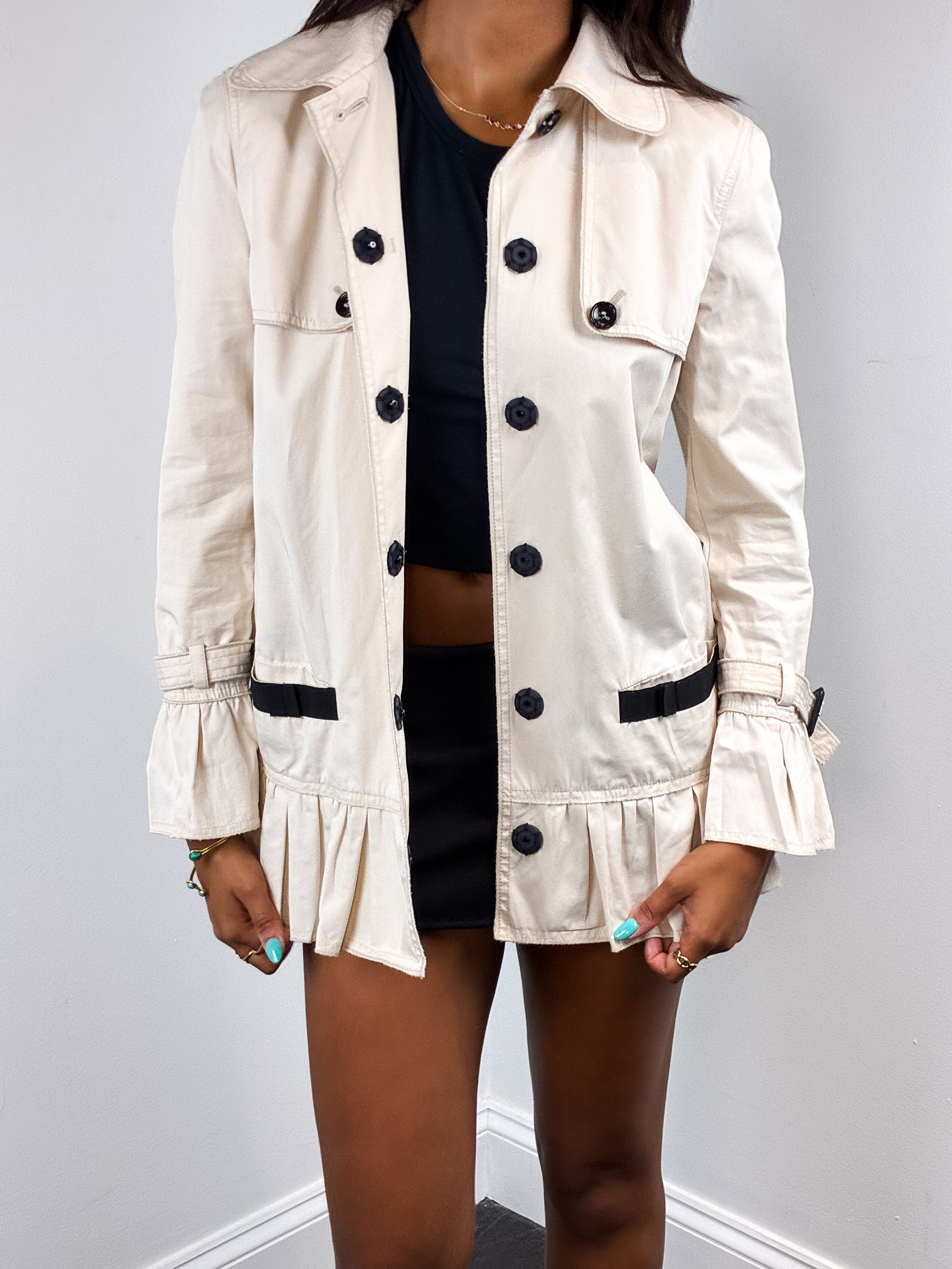 D&G Dolce & Gabbana 2000s Cream Black Ribbon Trim Peplum Trench Jacket - XS