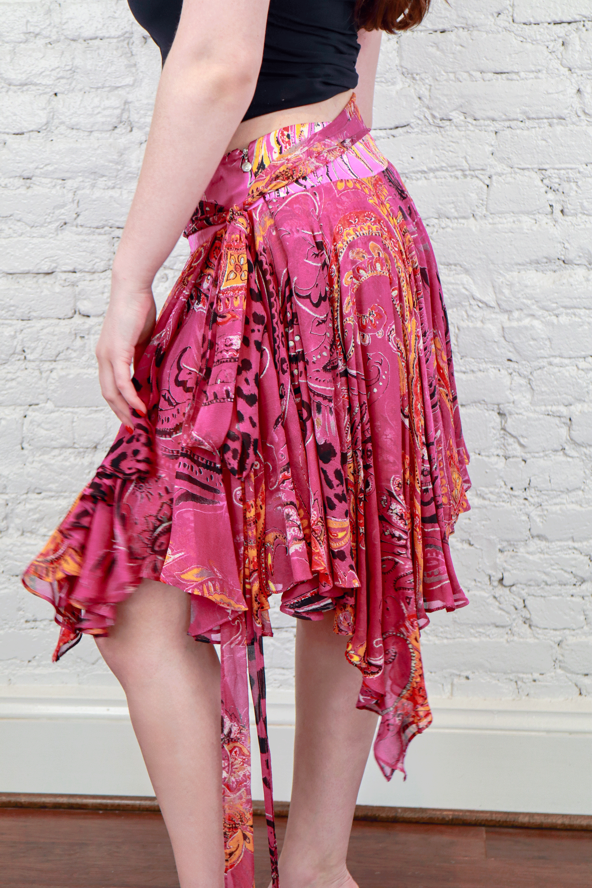 Just Cavalli Pink Paisley Silk Asymmetrical Skirt