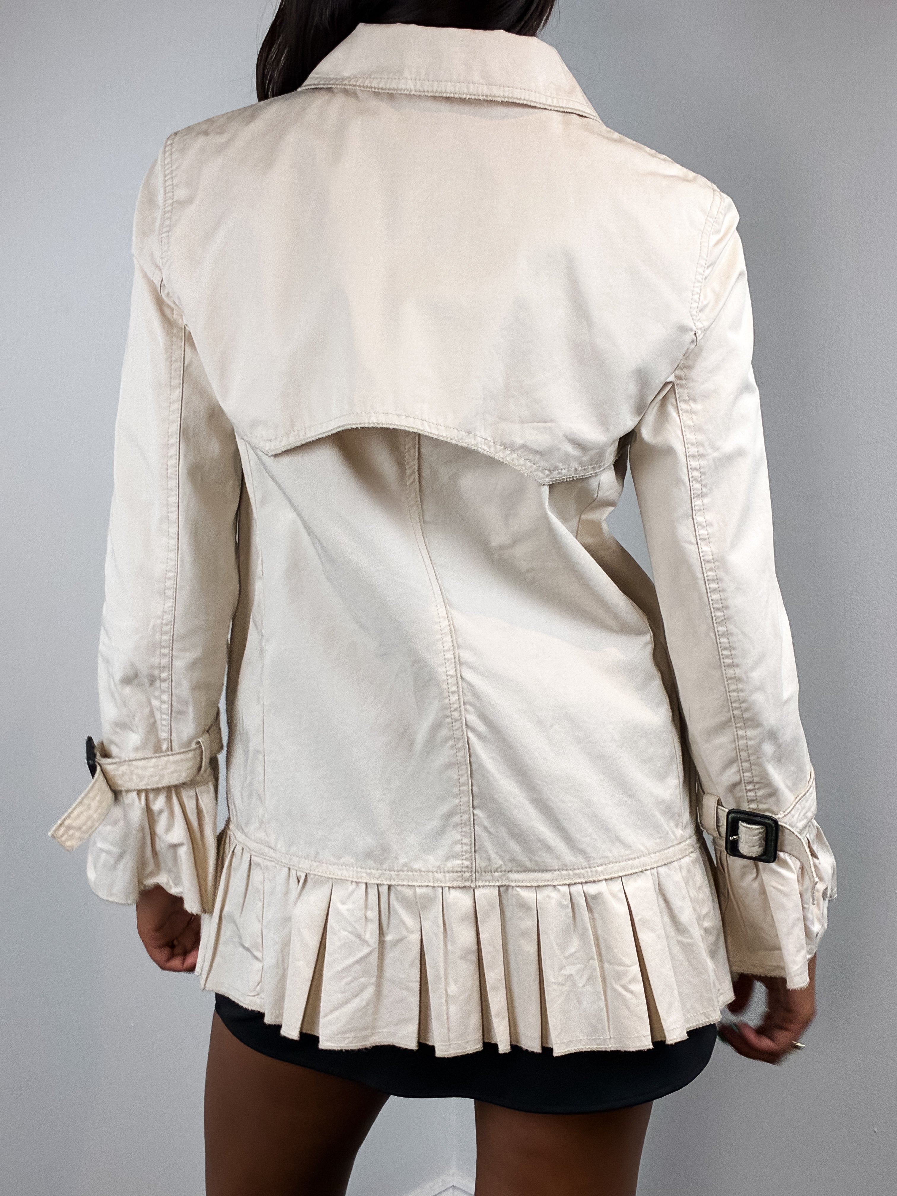 D&G Dolce & Gabbana 2000s Cream Black Ribbon Trim Peplum Trench Jacket - XS