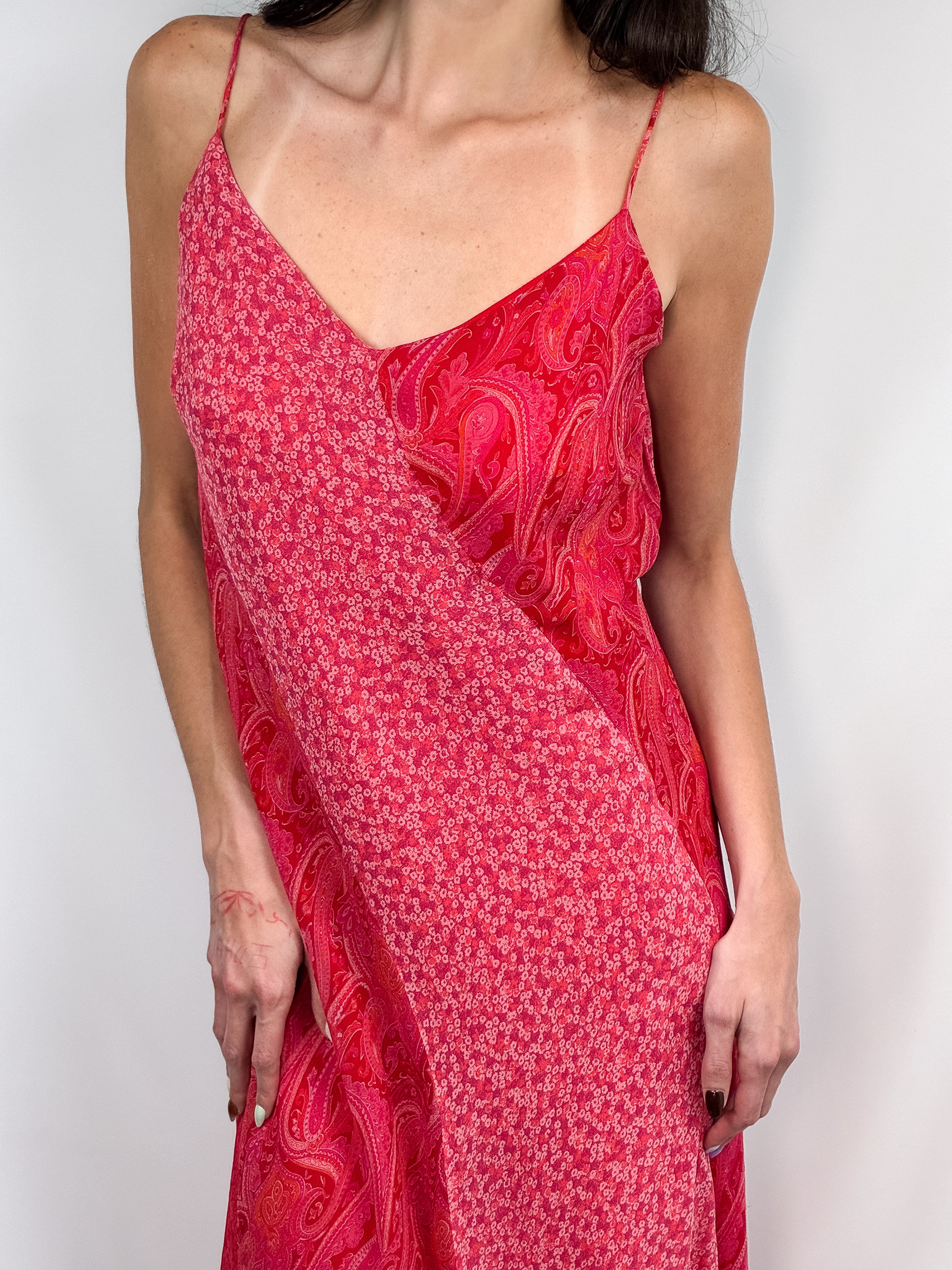 2000s Coral Paisley Silk Maxi Slip Dress - M/L