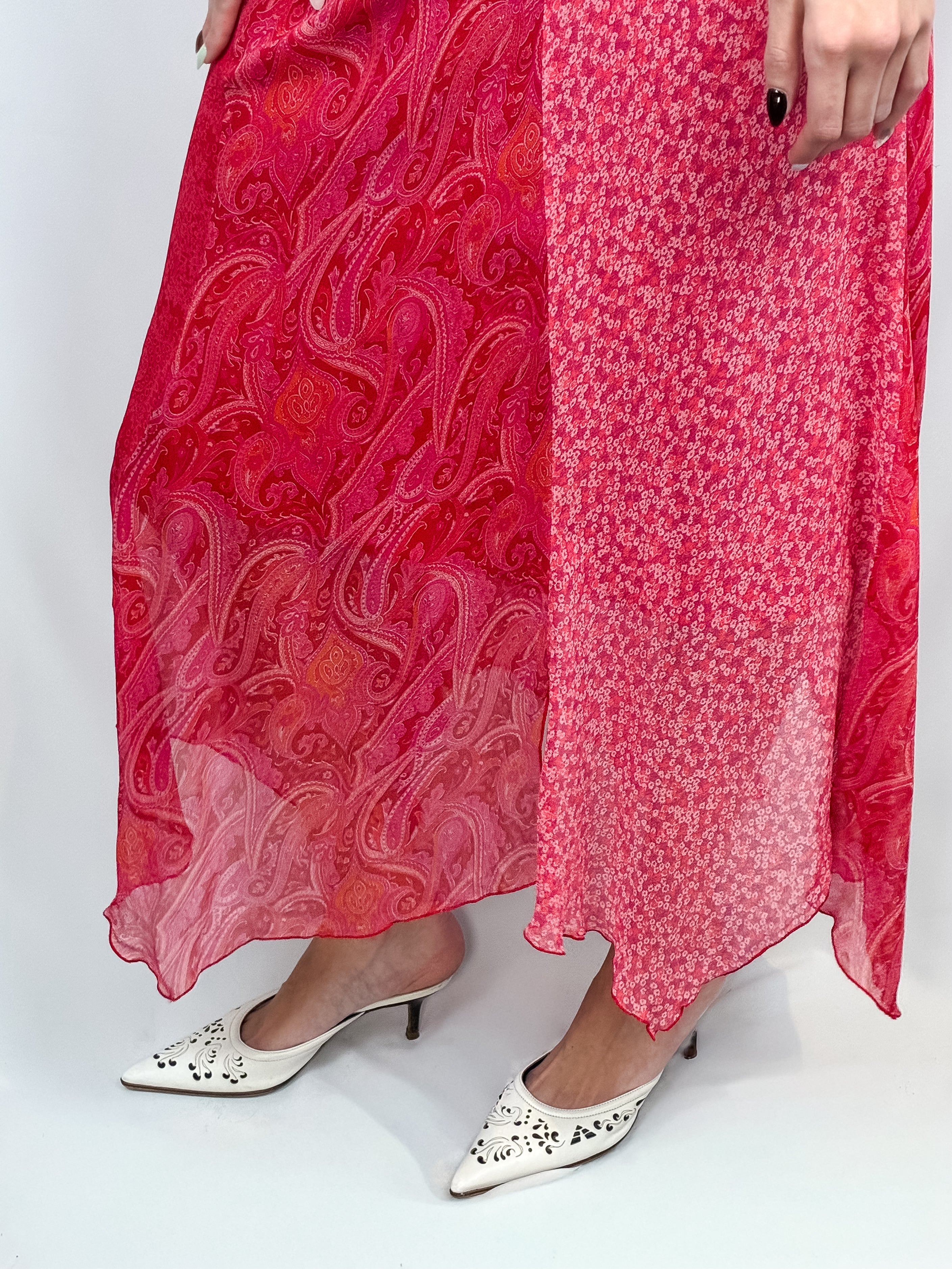 2000s Coral Paisley Silk Maxi Slip Dress - M/L