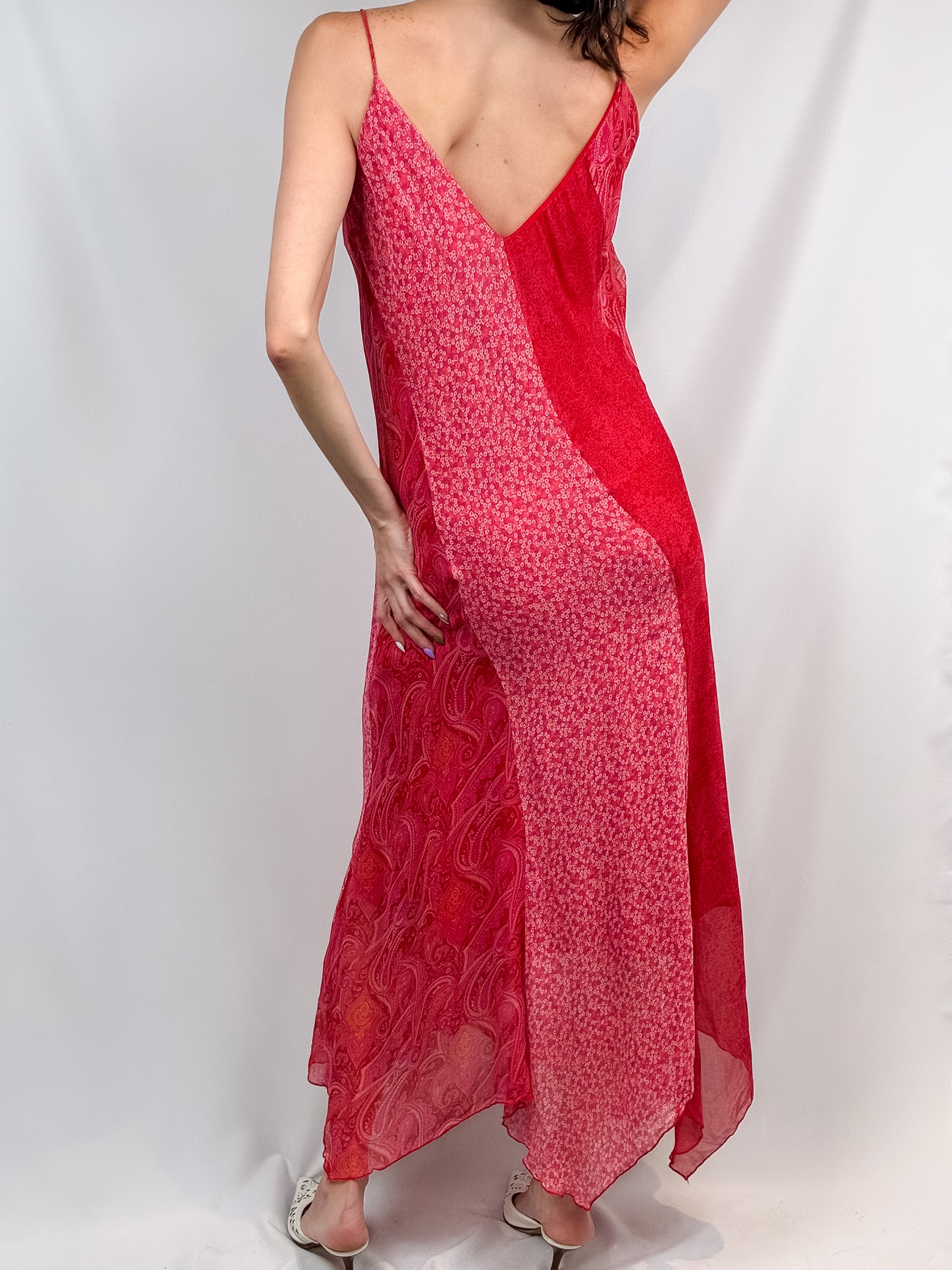 2000s Coral Paisley Silk Maxi Slip Dress - M/L