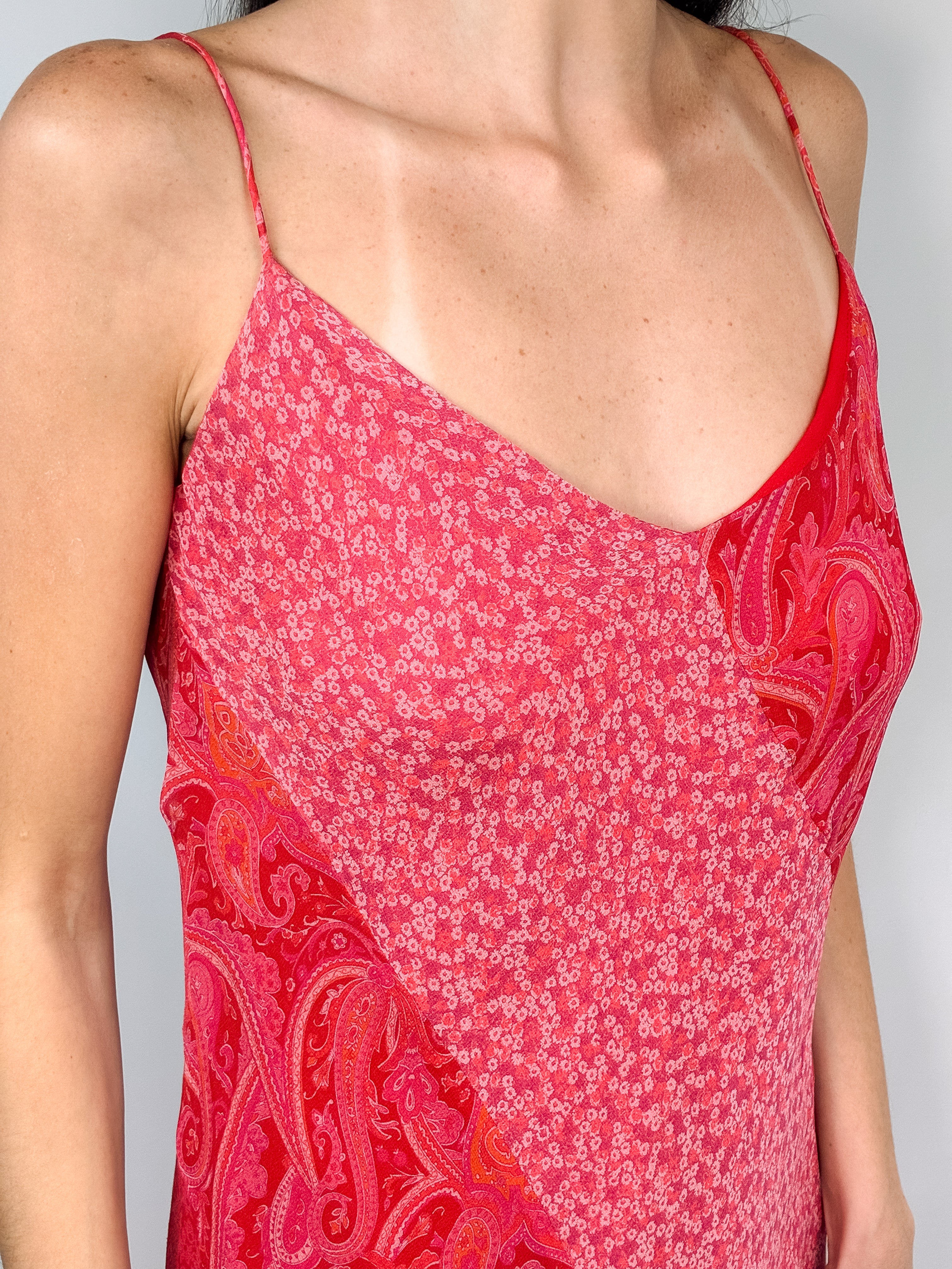 2000s Coral Paisley Silk Maxi Slip Dress - M/L