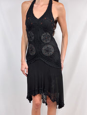 Sue Wong 2000s Black Beaded Crochet Halter Dress - S/M
