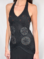 Sue Wong 2000s Black Beaded Crochet Halter Dress - S/M