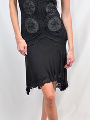 Sue Wong 2000s Black Beaded Crochet Halter Dress - S/M