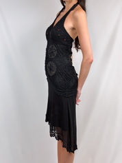 Sue Wong 2000s Black Beaded Crochet Halter Dress - S/M