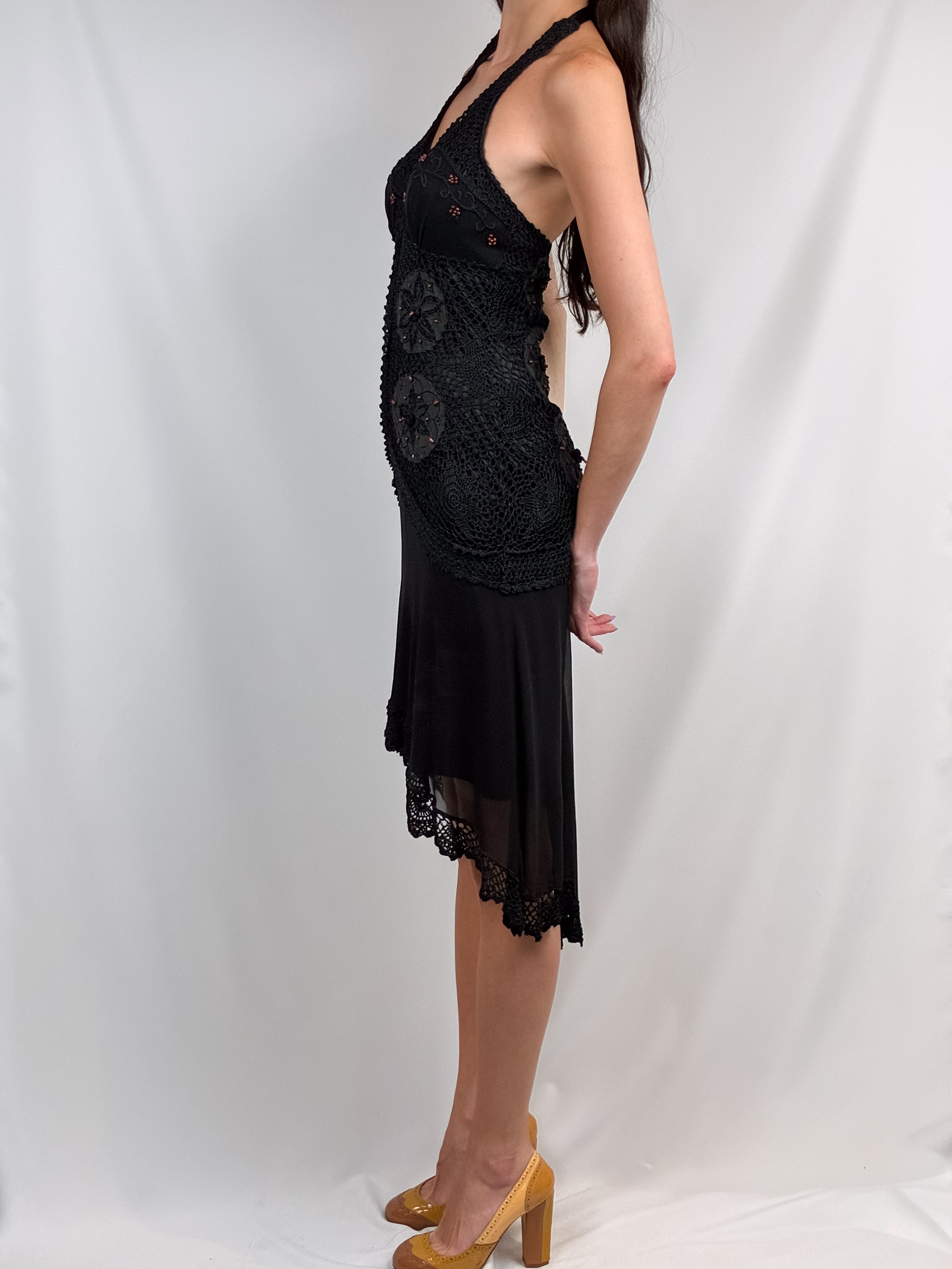 Sue Wong 2000s Black Beaded Crochet Halter Dress