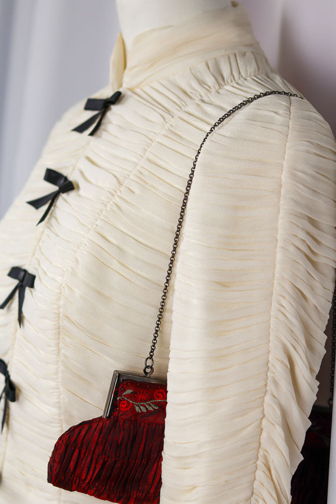 Luisa Spagnoli Pura Seta Cream Ruched Silk Jacket with Black Bow Closures