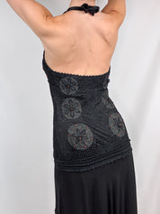 Sue Wong 2000s Black Beaded Crochet Halter Dress - S/M
