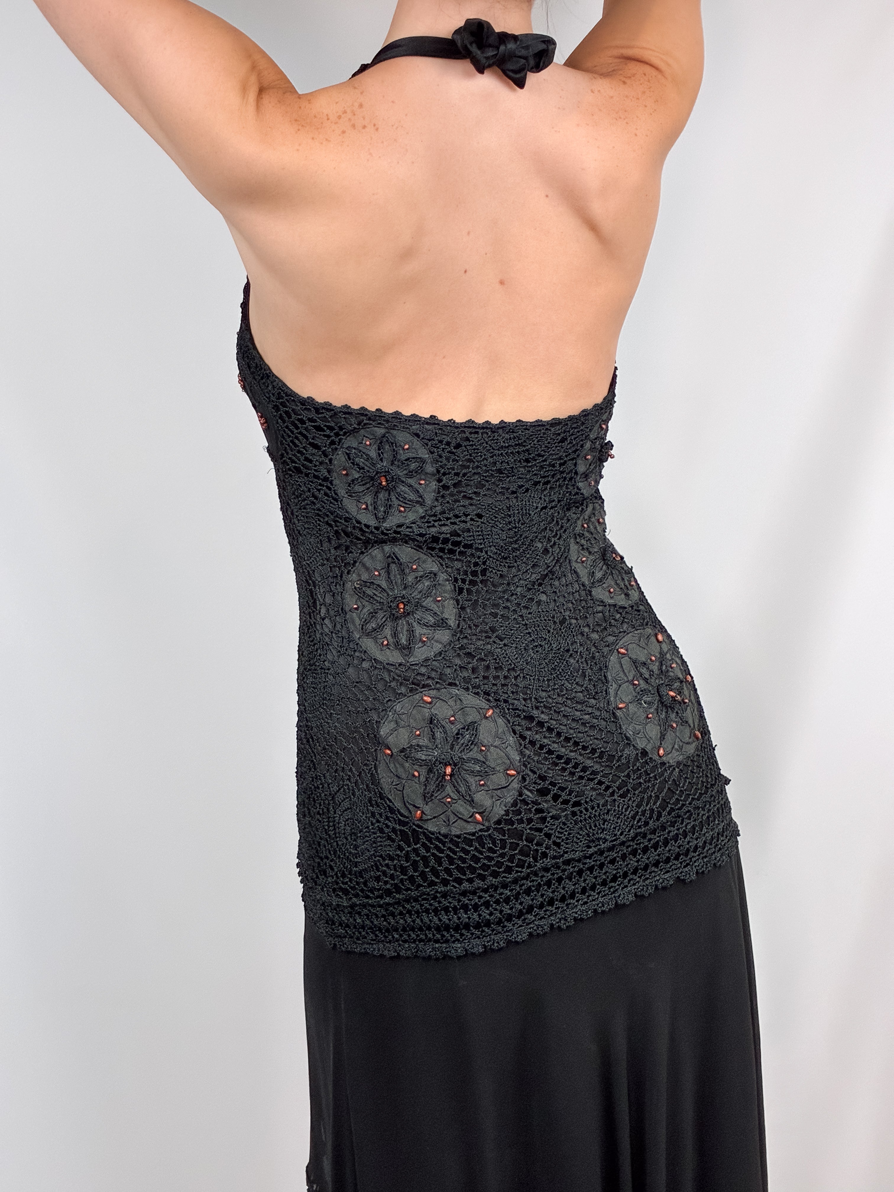 Sue Wong 2000s Black Beaded Crochet Halter Dress - S/M