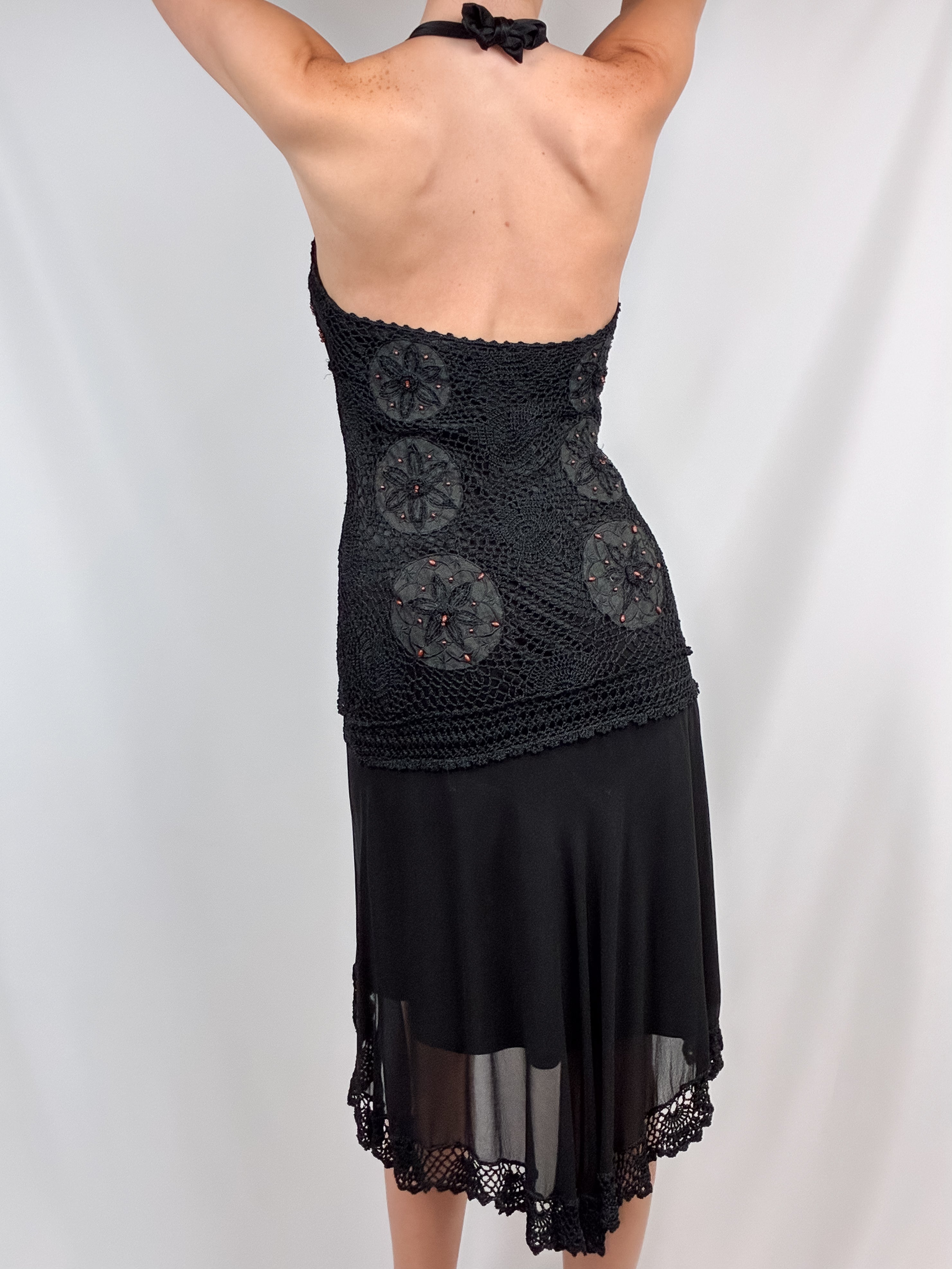 Sue Wong 2000s Black Beaded Crochet Halter Dress - S/M