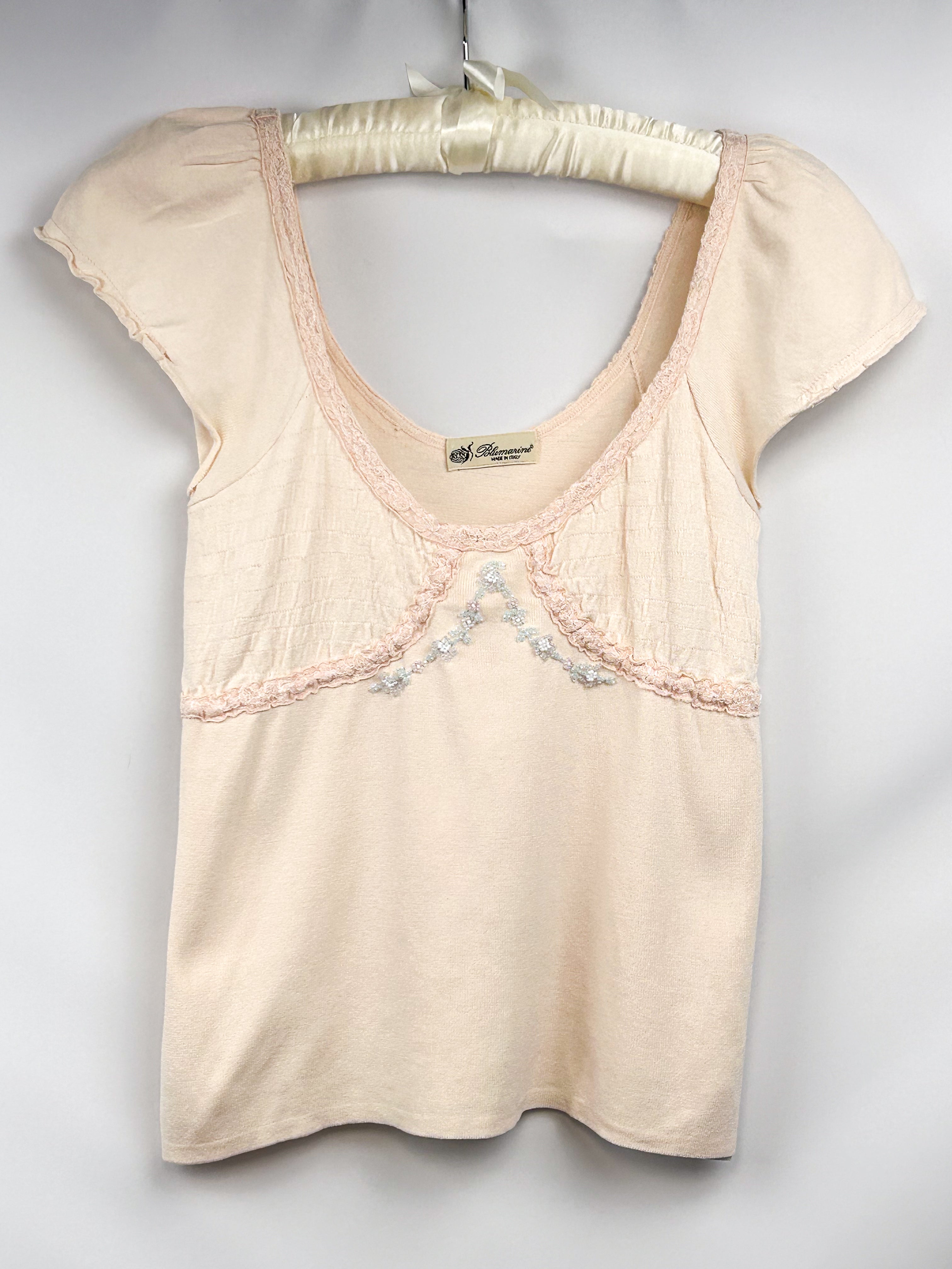 Blumarine 2000s Blush Silk Knit Beaded Top - XS/S