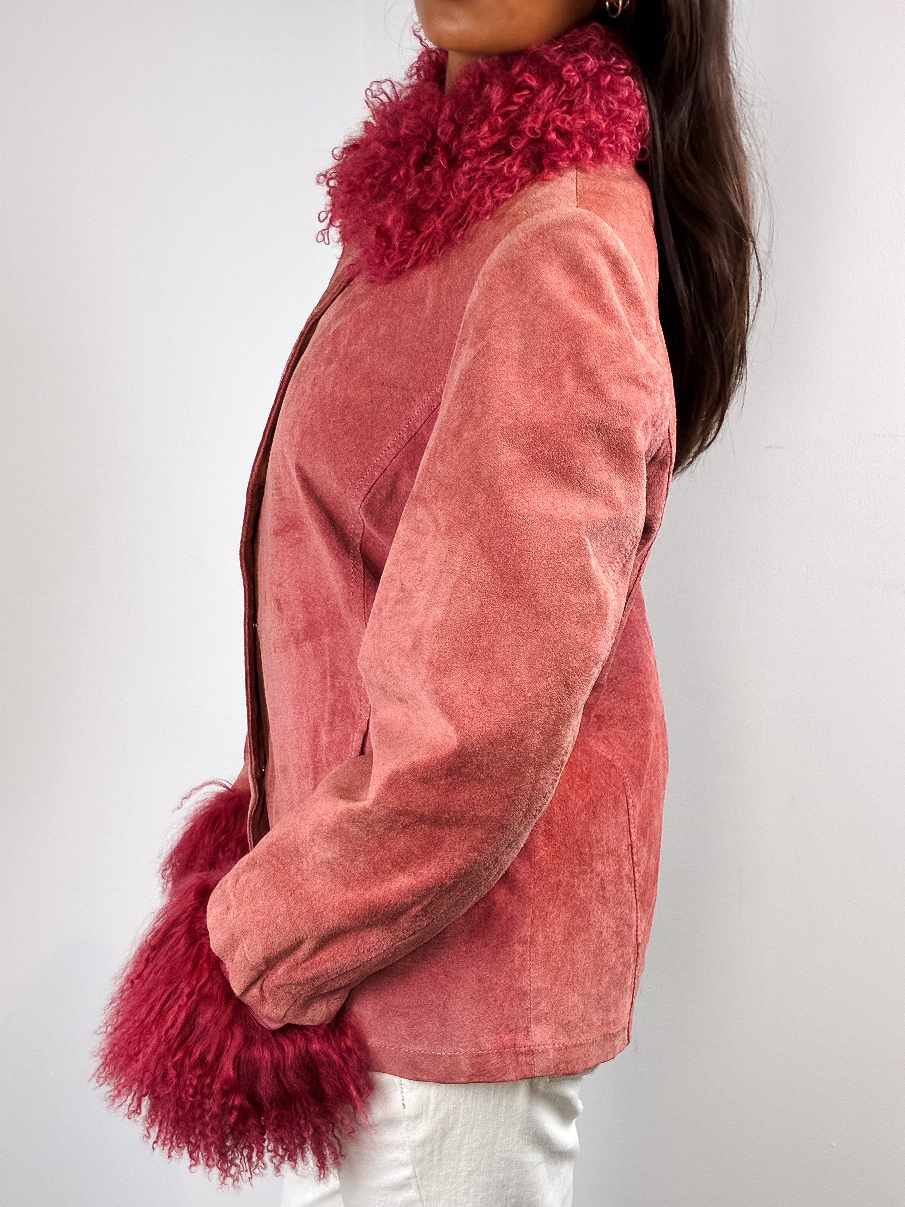 Luisa Spagnoli 1990s Rose Suede Jacket with Detachable Fur Collar and Cuffs - M