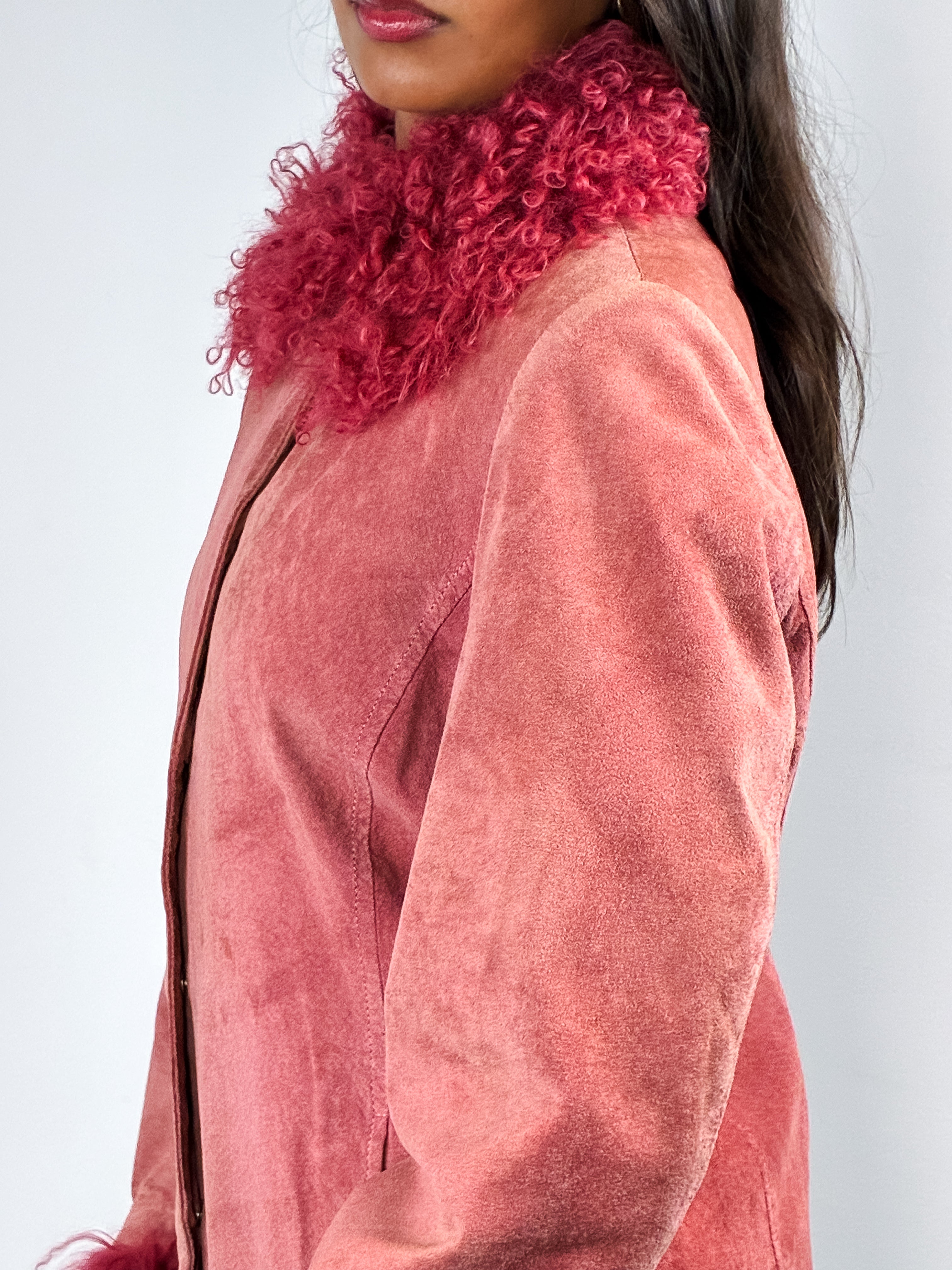 Luisa Spagnoli 1990s Rose Suede Jacket with Detachable Fur Collar and Cuffs - M