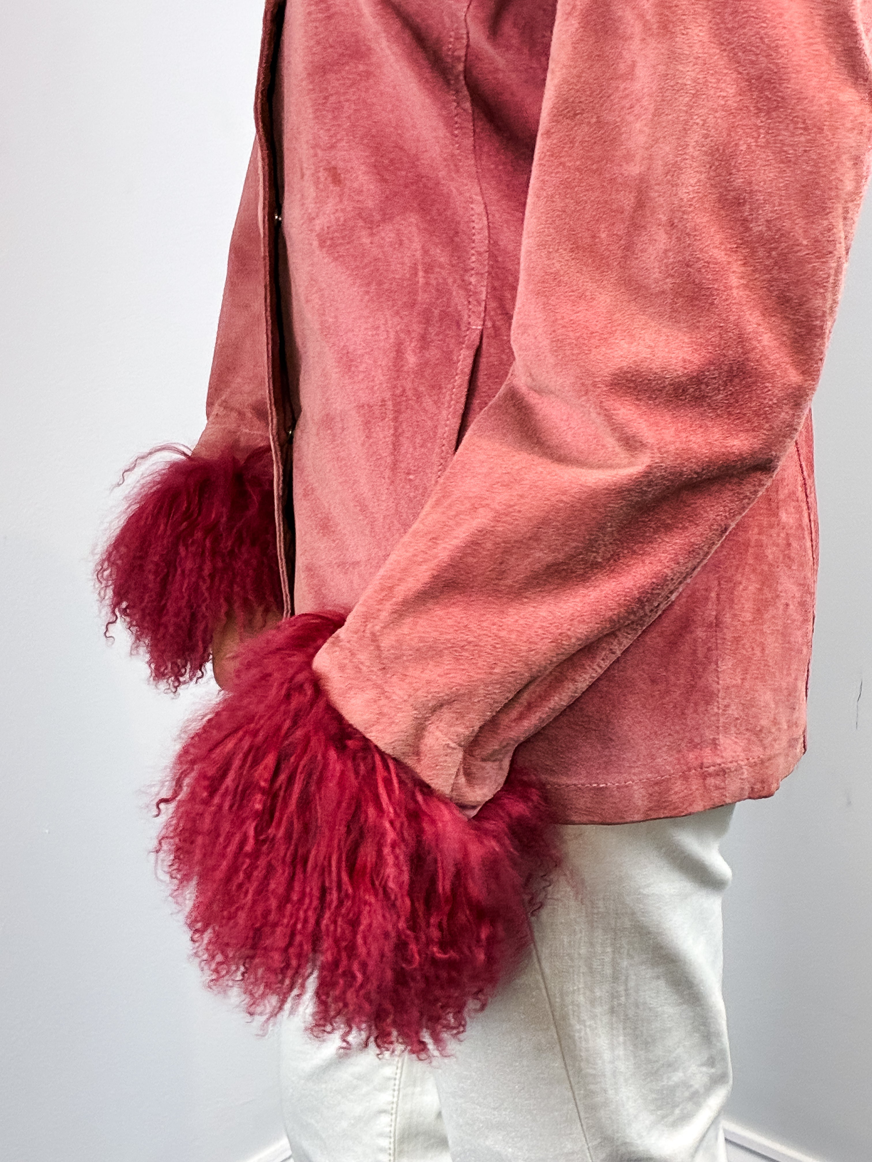 Luisa Spagnoli 1990s Rose Suede Jacket with Detachable Fur Collar and Cuffs - M