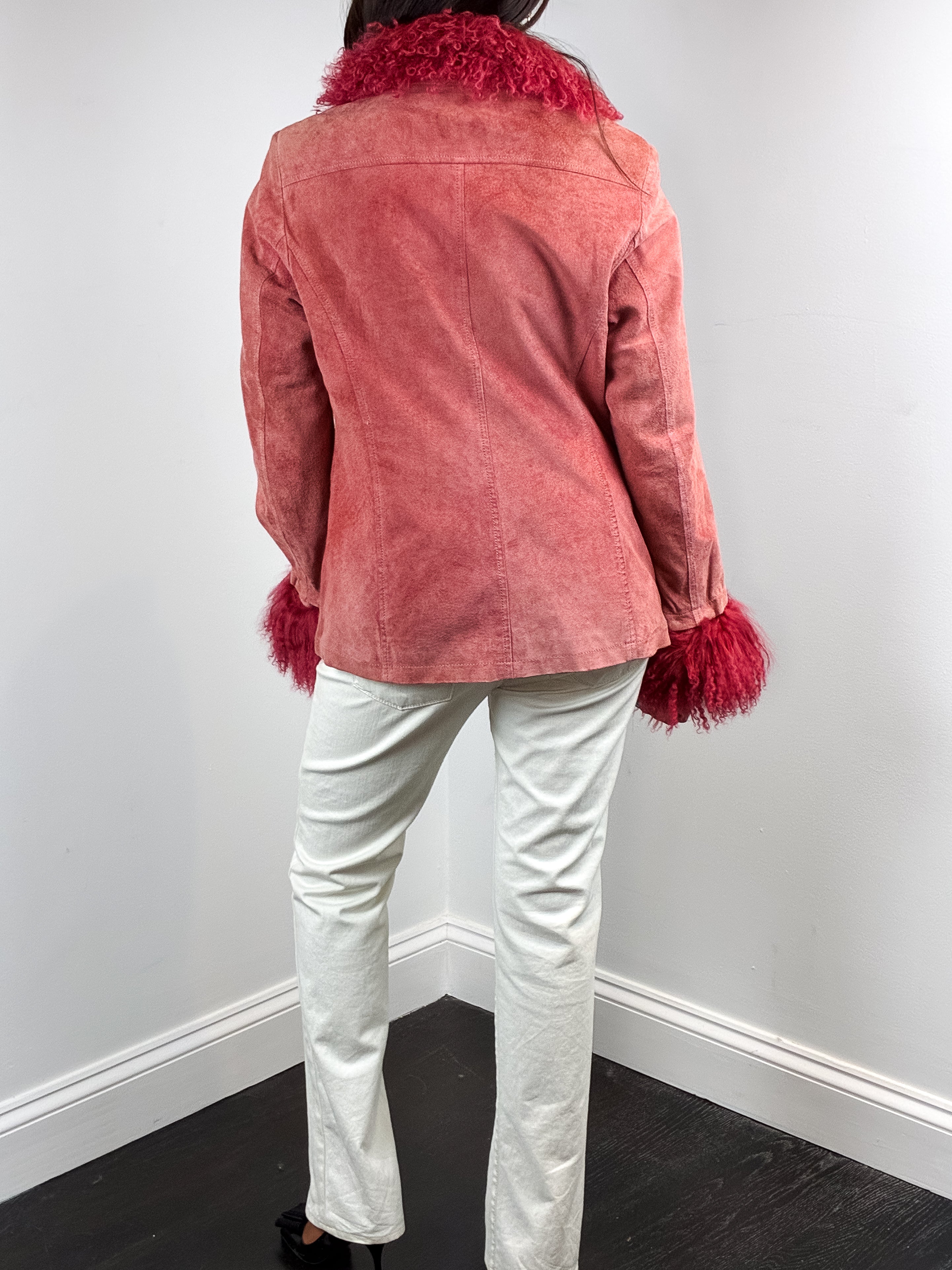 Luisa Spagnoli 1990s Rose Suede Jacket with Detachable Fur Collar and Cuffs - M