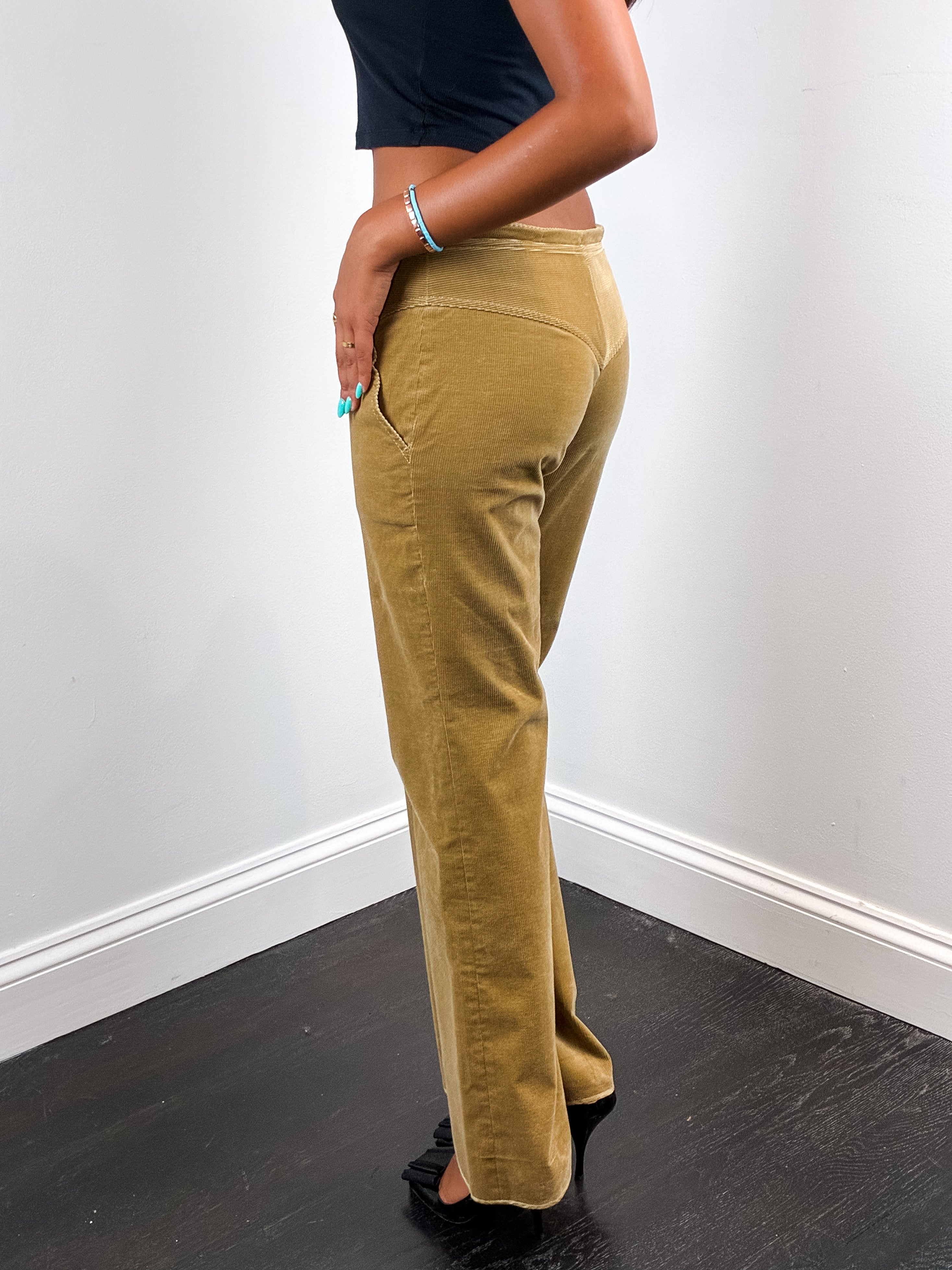 Dolce & Gabbana 2000s Tan Corduroy DG Buckle Low Rise Flare Pants - W27