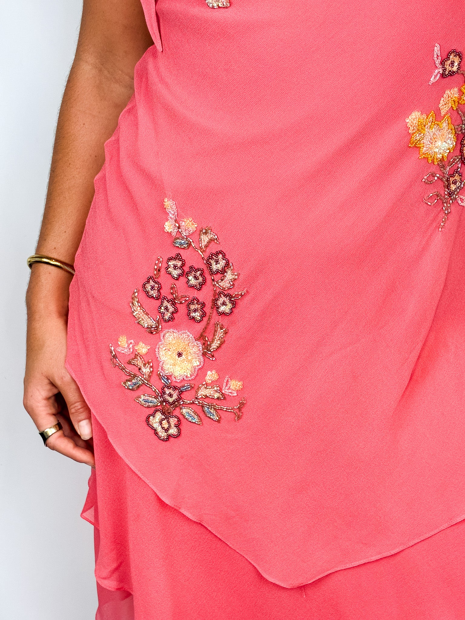 Sue Wong Nocturne 2000s Coral Silk Beaded Floral Handkerchief Hem Dress - S *As Is