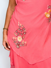Sue Wong Nocturne 2000s Coral Silk Beaded Floral Handkerchief Hem Dress - S *As Is