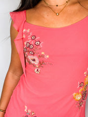Sue Wong Nocturne 2000s Coral Silk Beaded Floral Handkerchief Hem Dress - S *As Is
